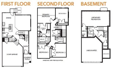 A diagram shows the layout of the first floor, second floor, and basement of a house.